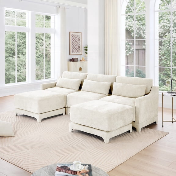 Exquisite Chenille Sofa with High Resilience & Wooden Base|3-Seater, 2 Ottomans, Beige
