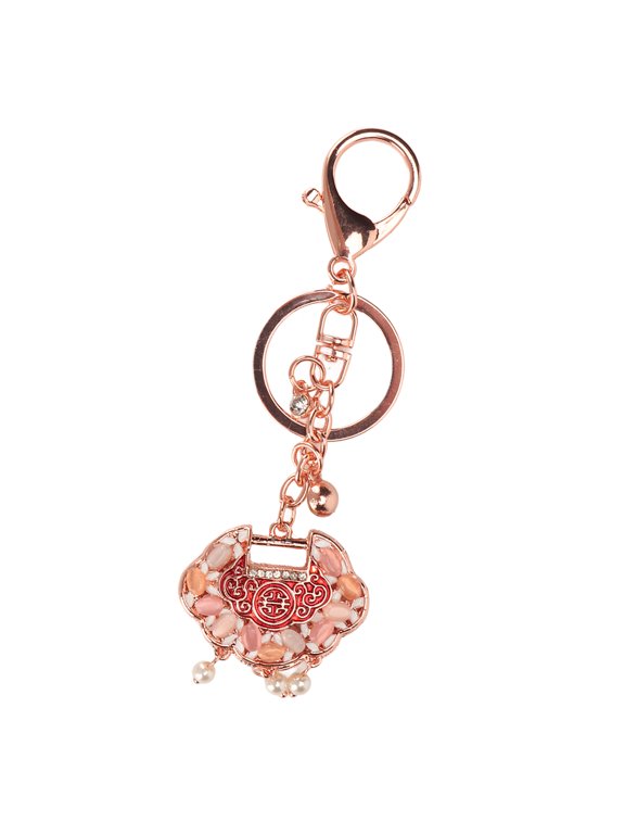 Exquisite Chinese Style Keychain Best Wishes Zinc Alloy Rhinestone Shiny Fashionable Handbag Key Ring for Car Decor Purse Pendant, 5.91 inches / 15 cm, Red Color Accent with Longevity Lock Design
