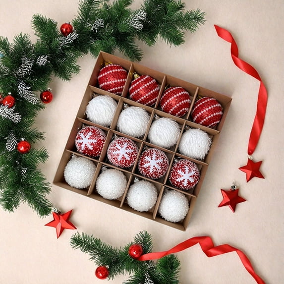 Exquisite Christmas Ball Ornaments Set with Glitter Foam Balls, Xmas Tree Decorations Hanging Pendants for Holiday Home and Party Festive Decor,Red