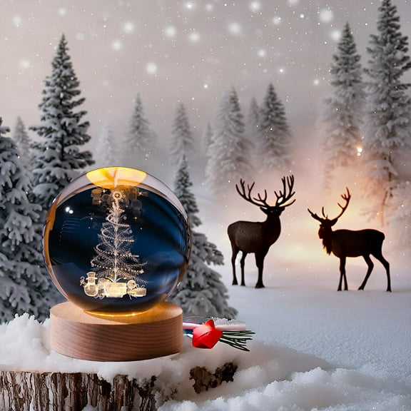 Exquisite Christmas Tree Crystal Ball Night Light Glass Ball Night Lamp with Wooden Base Fantasy Decoration Crystal Lamp Christmas Tree LED Galaxy Planet Nightlight Bedroom Decor