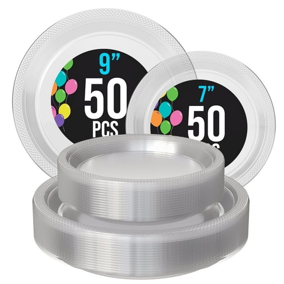 Exquisite Clear 7 & 9 inch, 100 Count Disposable Plastic Plates for Party