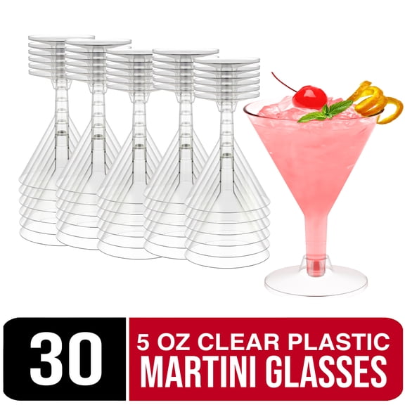 Exquisite Clear Plastic Martini Glasses - 5 oz Disposable Cocktail Cups - 30 Count