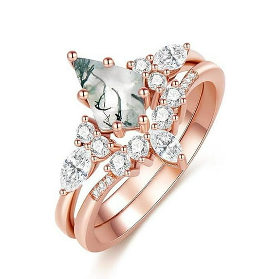 Exquisite Copper Zirconia Rings Set Moss and Green Water Grass Embelished Rings Delicate Inlays Finger Rings