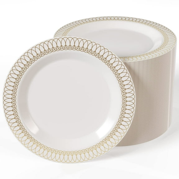 Exquisite Cream Gold Oval Plastic Plates 9 In 40 Ct Premium Heavy Duty Party Dinner Plates