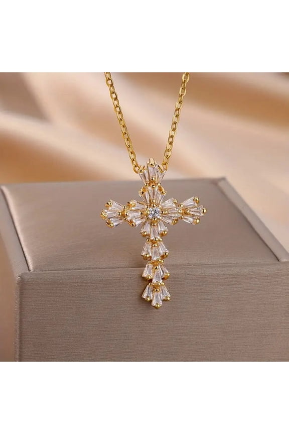 Exquisite Cubic Zirconia Flower Shape&Cross Pendant Necklace for Women 14K Yellow Gold Crystal Cross Necklaces Luxury Jewerly A038