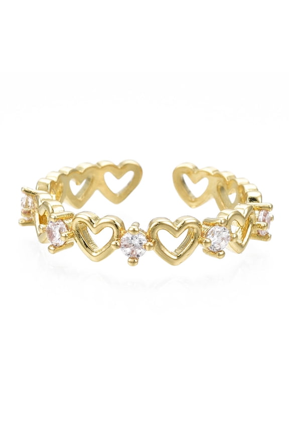 Exquisite Cubic Zirconia Heart Cuff Ring Infinity Love Brass Open Ring for Women Nickel Free Real 18K Gold Plated Size 8 1/2(18.5mm)