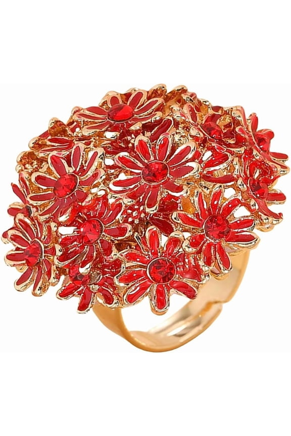 Exquisite Daisy Flower Statement Ring for Women Gold-Toned Pink Cubic Zirconia Open Band Wrap Expandable Adjustable Big Finger Rings Comfort Fit Indian Style Exaggerated Jewelry