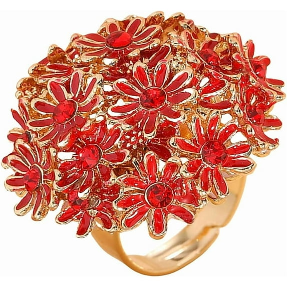 Exquisite Daisy Flower Statement Ring for Women Gold-Toned Pink Cubic Zirconia Open Band Wrap Expandable Adjustable Big Finger Rings Comfort Fit Indian Style Exaggerated Jewelry