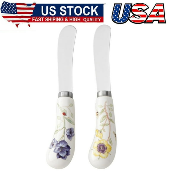 Exquisite Design Ceramic Handle Floral Stainless Steel Butter Knife w/Butterfly