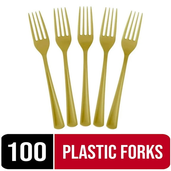 Exquisite Disposable Forks - 100 Gold Plastic Forks - 2 Pack