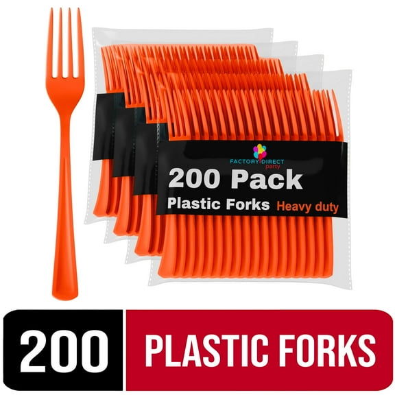 Exquisite Disposable Forks - 200 Count, 4 Pack - Heavy-Duty Orange Plastic Forks for Halloween Party