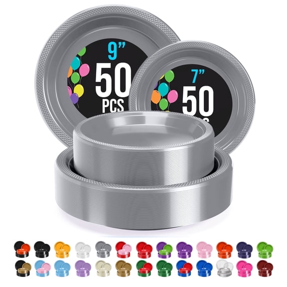 Exquisite Disposable Plastic Plates, 100 Pack, 7-Inch Dessert & 9-Inch Dinner, Silver