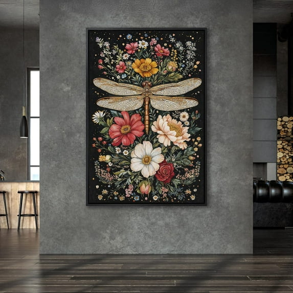 Exquisite Dragonfly And Floral Art, Poster, Botanical Floral Poster For Living Room Decor, Ready To Hang, Mom, Unframed Canvas Size 24x36