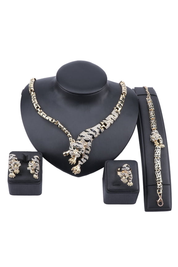 Exquisite Dubai Gold Tiger Crystal Jewelry Nigerian Woman Wedding Costume Design Necklace Earring Ring Bracelet Set