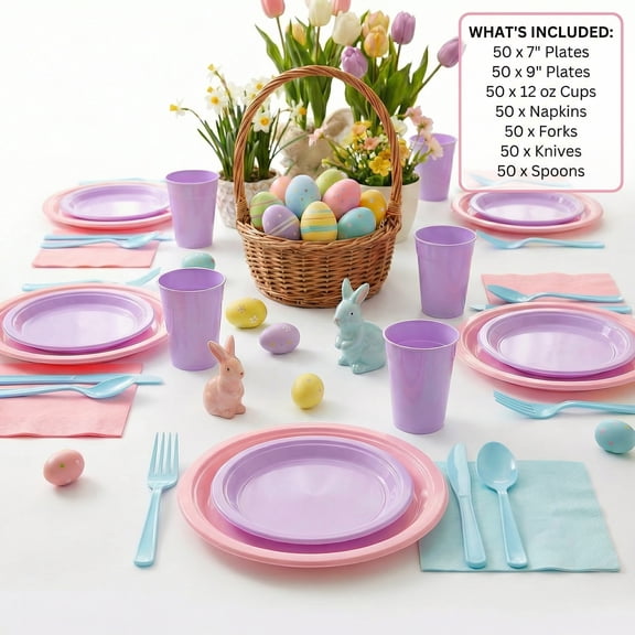 Exquisite Easter Disposable Plastic Party Plates and Dinnerware Combo Set 350 Piece