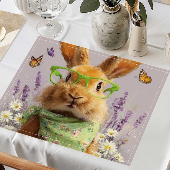 Exquisite Easter Rabbit Purple Green Placemats Set of 4 , Linen Texture 32x42cm for Holiday Table Setting