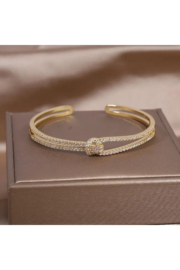 Exquisite Elegant Luxury Fashion Jewelry Full Zircon Golden Knot Bracelet Women's Open Adjustable Cuff Bracelet