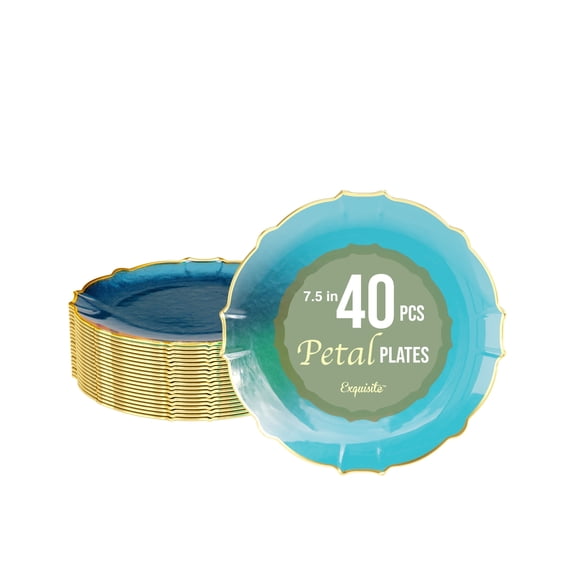 Exquisite Elegant Plastic Plates For Party 40 Dinner Plates - 40 x 7.5 inch Plastic Dessert Plates Set - Thin Delicate Fancy Plastic Plates Disposable Plates for Party Plates | Peacock - Gold Rim
