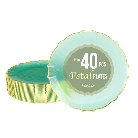 Exquisite Elegant Plastic Plates For Party 40 Dinner Plates - 40 x 9 inch Plastic Dessert Plates Set - Thin Delicate Fancy Plastic Plates Disposable Plates for Party Plates | Mint - Gold Rim