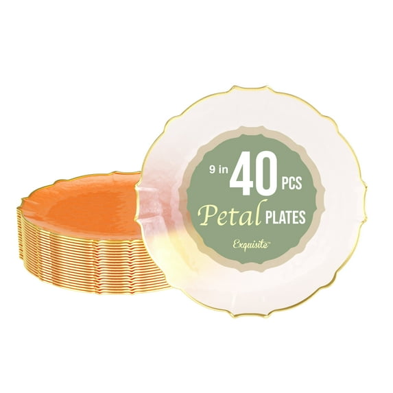 Exquisite Elegant Plastic Plates For Party 40 Dinner Plates - 40 x 9 inch Plastic Dessert Plates Set - Thin Delicate Fancy Plastic Plates Disposable Plates for Party Plates | Coral Peach - Gold Rim