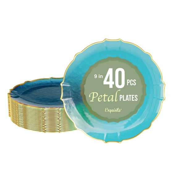 Exquisite Elegant Plastic Plates For Party 40 Dinner Plates - 40 x 9 inch Plastic Dessert Plates Set - Thin Delicate Fancy Plastic Plates Disposable Plates for Party Plates | Peacock - Gold Rim