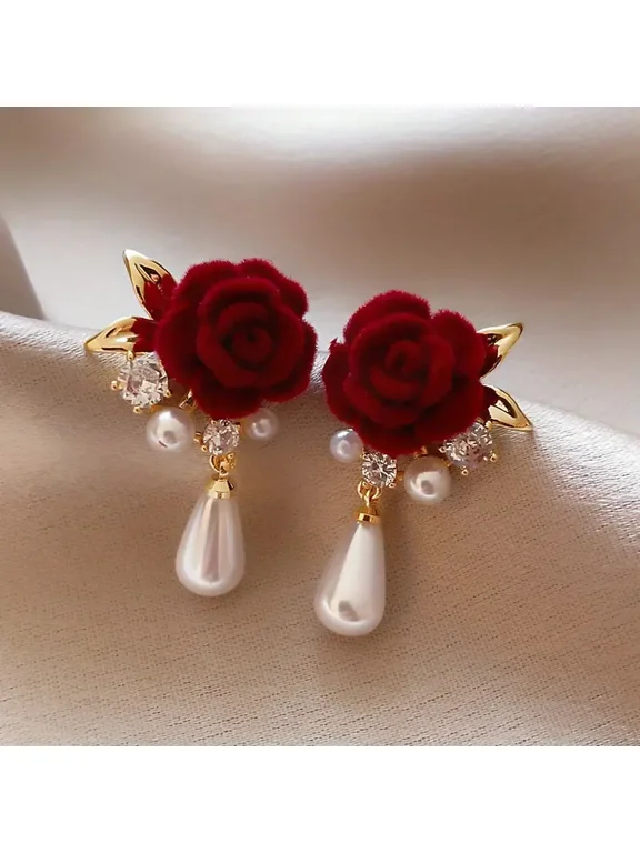 Exquisite Elegant Red Rose Flower Rhinestone Faux Pearl Dangle Earrings for Women Wedding Party Ear Jewelry