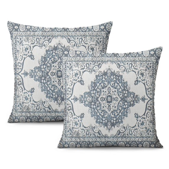 Exquisite Ethnic Boho 20x20inch Pillow Covers, Set of 2, Decorative Linen Blue Carpet Design, Perfect Farmhouse Throw Pillows for Sofa, Couch, Outdoor Use