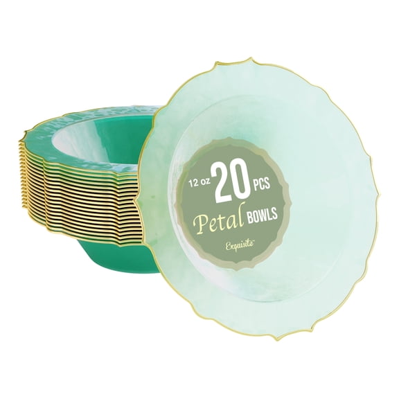 Exquisite Fancy Plastic Bowls Disposable Bowls 12 Oz Bowl Set Of 20 Disposable Soup Bowls Plastic Serving Bowls Perfect Plastic Ice Cream Bowls or Plastic Salad Bowls - Mint - Gold Rim