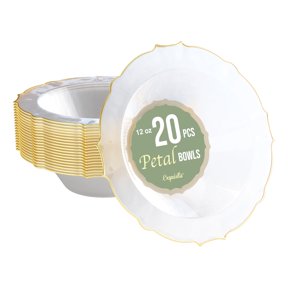 Exquisite Fancy Plastic Bowls Disposable Bowls 12 Oz Bowl Set Of 20 Disposable Soup Bowls Plastic Serving Bowls Perfect Plastic Ice Cream Bowls or Plastic Salad Bowls - Clear - Gold Rim