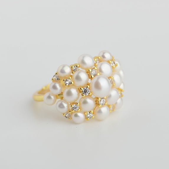 Exquisite Fashion Freshwater White Pearl Silver Plated Artificial Rhinestone Ring Size Freely Adjustable
