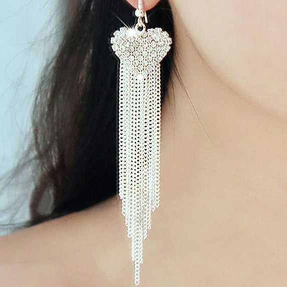 Exquisite Fashion Sparking Rhinestone Gold Earrings for Women Long Fringe Love Heart Tassel Drop Earrings Jewelry Gifts