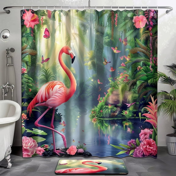 Exquisite Flamingo Paradise Shower Curtain Set Vibrant Tropical Design Hyperrealistic Artwork Perfect Bathroom Decor