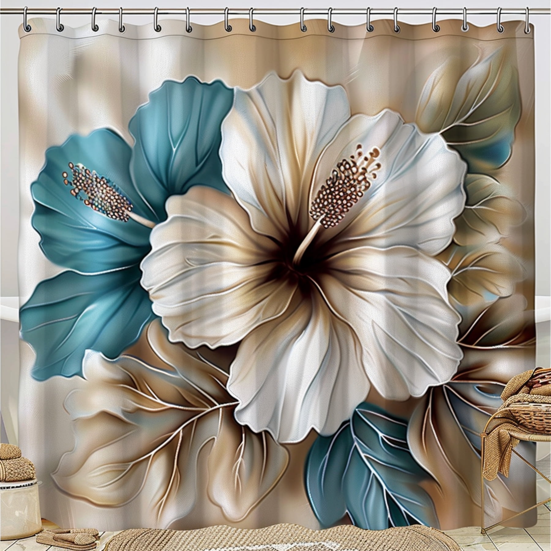 Exquisite Floral Hibiscus Shower Curtain Brown Beige White & Blue ...