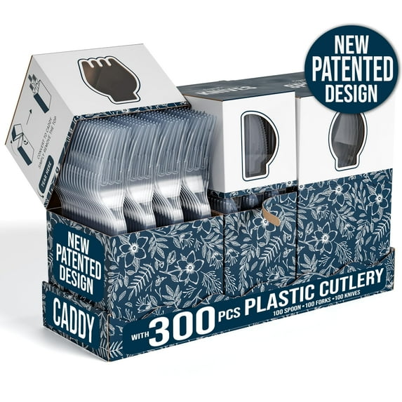 Exquisite Floral Utensil Caddy with Clear Plastic Forks, Spoons & Knives (3 x 100 Count)