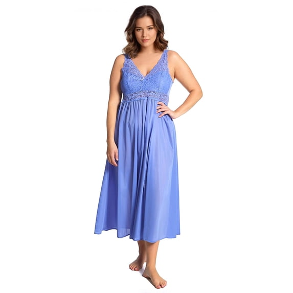 Exquisite Form Nylon Tricot Sleeveless Long Nightgown with Floral Lace 70107