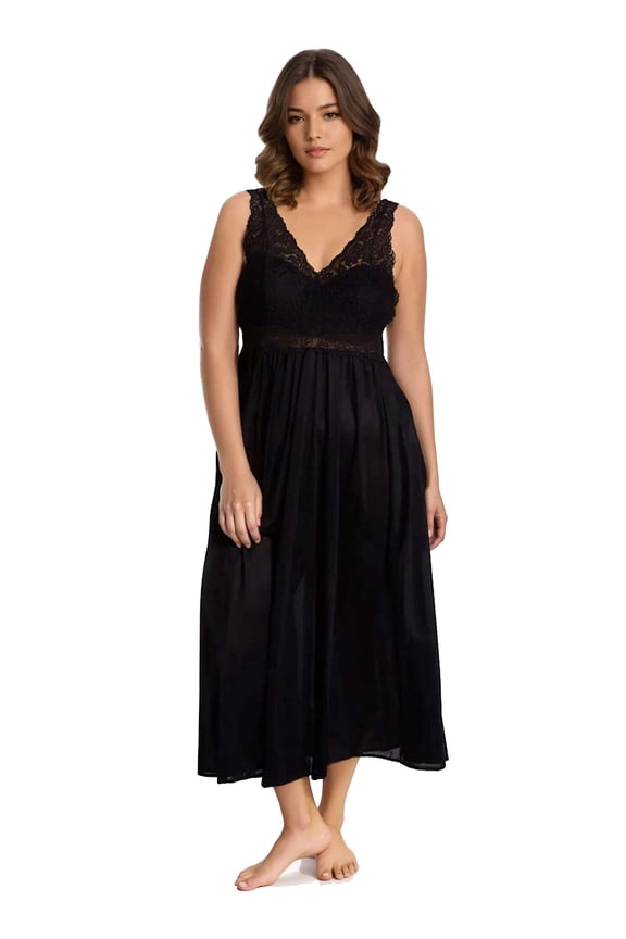 70107 Nylon Tricot Sleeveless Long Nightgown with Floral Lace