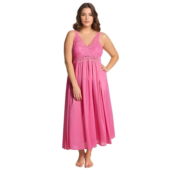 Exquisite Form 70107 Nylon Tricot Sleeveless Long Nightgown with Floral Lace