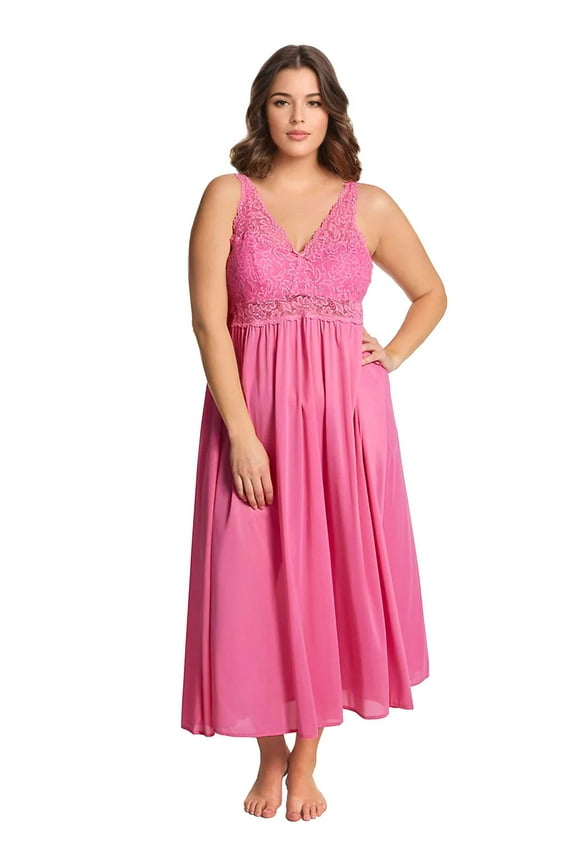 Nylon Tricot Sleeveless Long Nightgown with Floral Lace 70107
