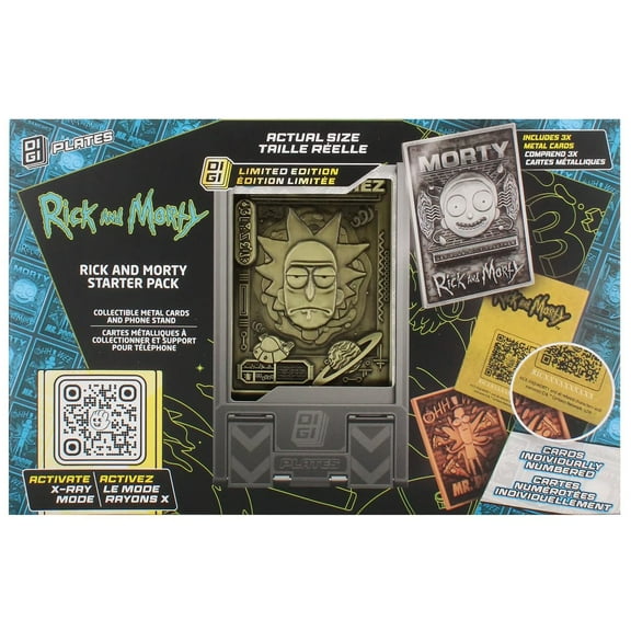 Exquisite Gaming: Digiplate Starter Pack - Rick & Morty - Warner Bros - 3 Collectible Metal Cards & Phone Stand, Copper-Gold-Silver Image Plates