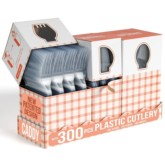 Exquisite Gingham Utensil Caddy with Clear Plastic Forks, Spoons & Knives (3 x 100 Count)