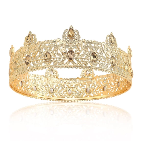 Exquisite Golden Crown Headpiece with Filigree Floral Design & Teardrop Crystals, 2.5"H x 7.3"W