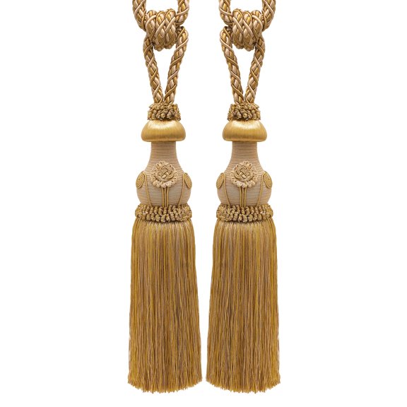 DECOPRO Exquisite Curtain Tassel Tieback with Floral Design - Elegant Handmade Drapery Accessory, Tassel Length 12" (30.5cm) Spread 32" (81cm) #TBBL1, Gold Medley #8633 (Two-Tone Gold, Beige) Set of 2