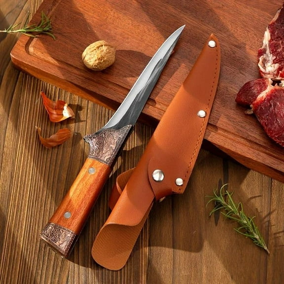 Exquisite Handcrafted Forged Bone-Removing Knife with Leather Sheath Suitable for Kitchen and Outdoor Camping