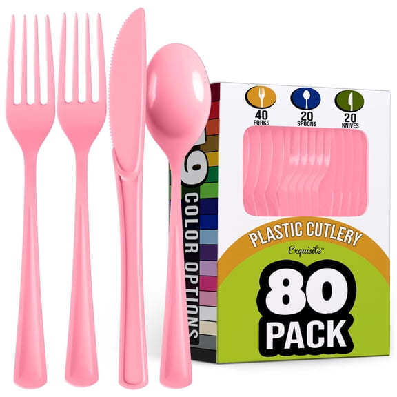 Exquisite Heavyweight Pink Plastic Forks, Spoons & Knives Assortment, Medium Size, 24 Count