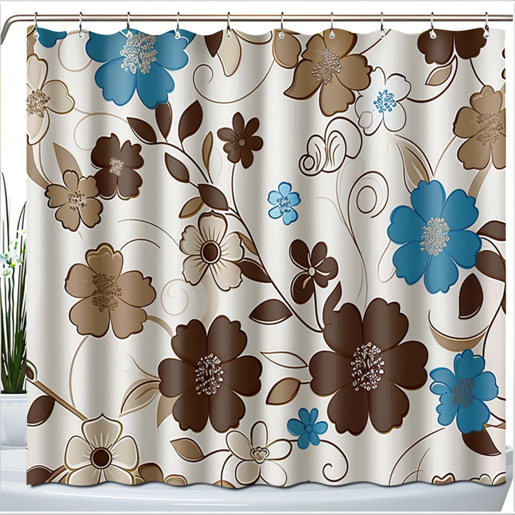 Exquisite Hibiscus Flower Shower Curtain White and Blue Floral Bathroom