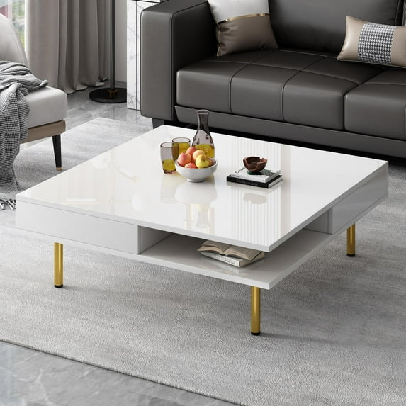 Exquisite High Gloss Coffee Table with 4 Golden Legs and 2 Small Drawers, 2-Tier Square Center Table for Living Room, White