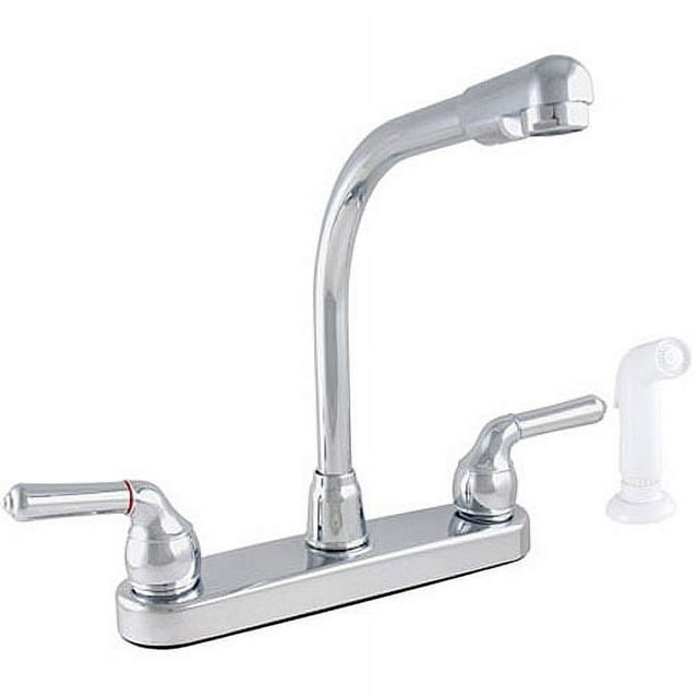 Exquisite High-Rise Spout Dual-Tulip Handle Kitchen Faucet with White Spray, Chrome