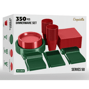 Exquisite Holiday 350-Piece Dinnerware Set - Serves 50 - Red & Green Christmas Plates, Cups, Napkins, Cutlery