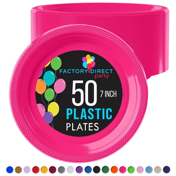 Exquisite Hot Pink 7" Heavy Duty 350 GSM Disposable Plastic Party Plates - 50 Count