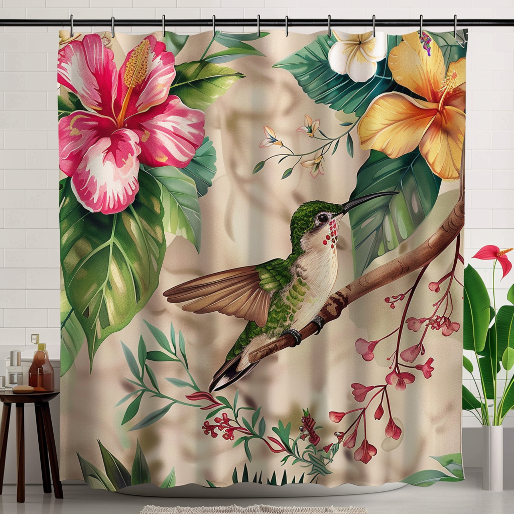Exquisite Hummingbird Watercolor Shower Curtain with Tropical Flowers